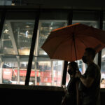 A man holding red umbrella at rainy night - Classic Negative Low Light Film Simulation Recipe