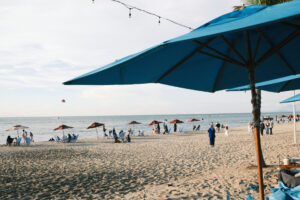 Best Summer Film Recipes For Fujifilm Cameras - Blue sunshade by the beach