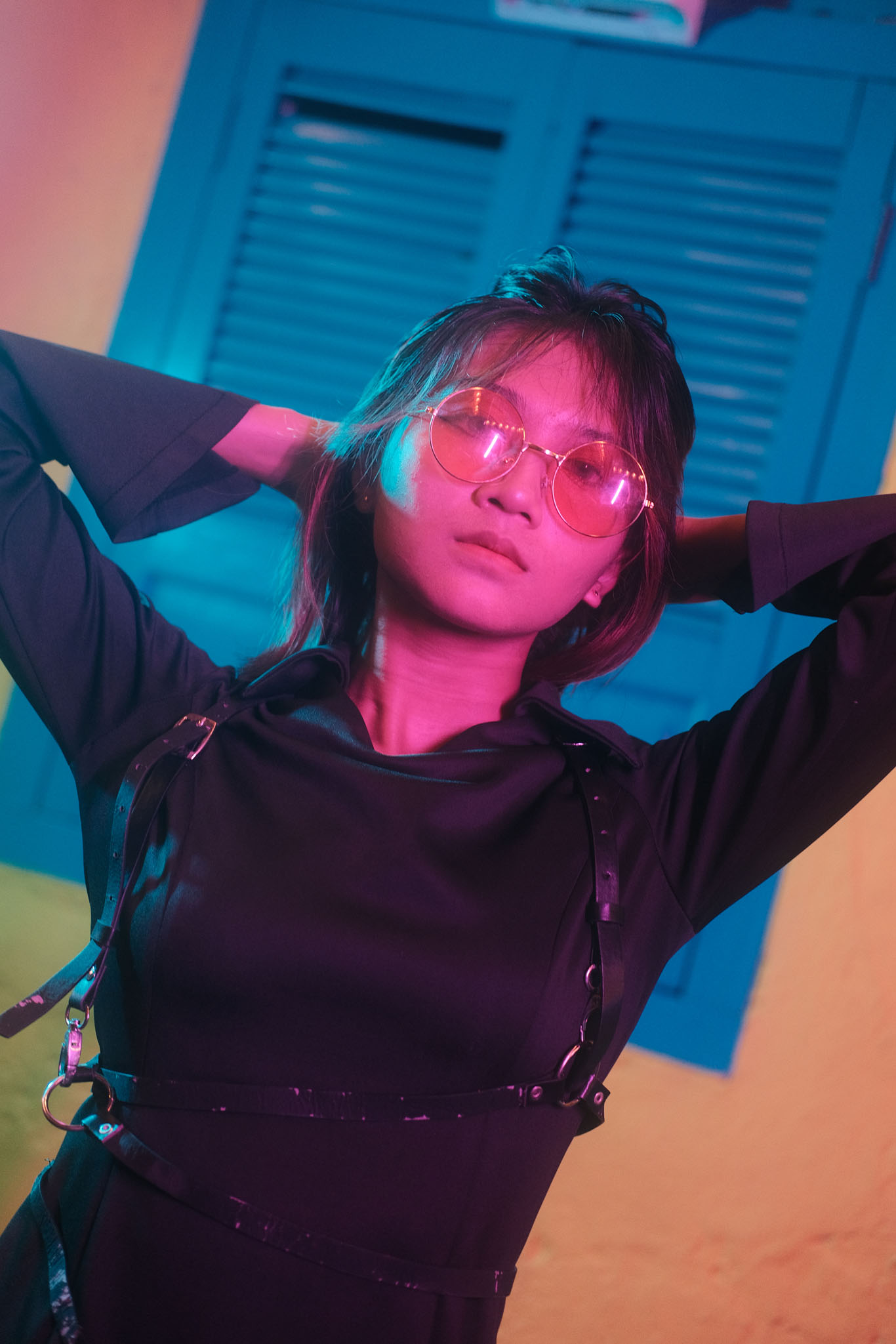 Cyberpunk Infinity portrait glowing with teal and magenta lights