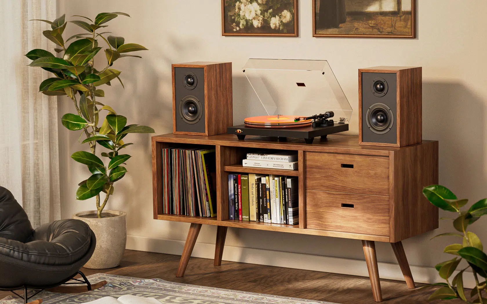 Vinyl Record & Luna3 Turntable Storage With Speakers